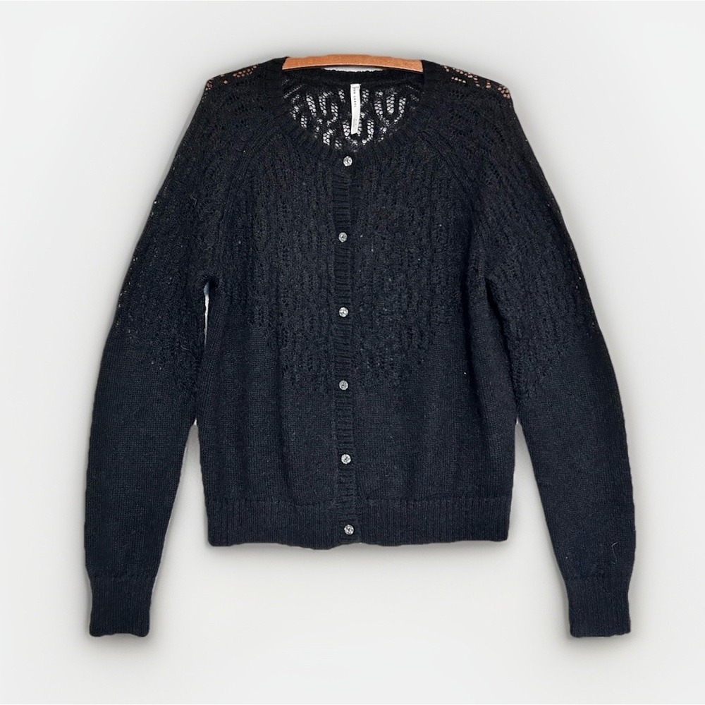 PAPER LABEL Black Wool Nylon Mohair Wool Cardigan Sweater Lace Knit Sz M